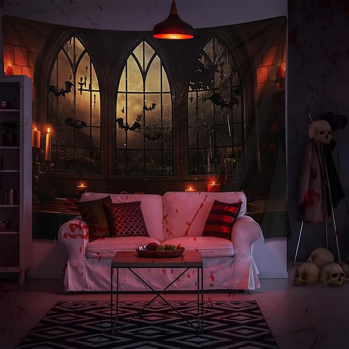 QGHOT Halloween Tapestry Wall Hanging Horror Castle Window Tapestry Gothic Spooky Backdrop Vampire Medieval Tapestries for Bedroom Living Room Dorm Wall Art Decor (90.6"x70.9")