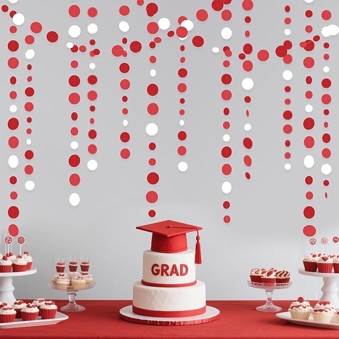46 Ft Red Party Decorations Polka Dots Garlands Red and White Hanging Paper Circle Dots Streamer for Valentines Anniversary Birthday Graduation Wedding Christmas Holiday Bridal Shower Party Supplies