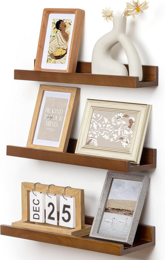 Pine Wood Rustic Floating Ledge Shelves Set of 3, 16 inches Width - Solid Pine, Walnut Finish - Kids' Room to Living Room Wall Decor