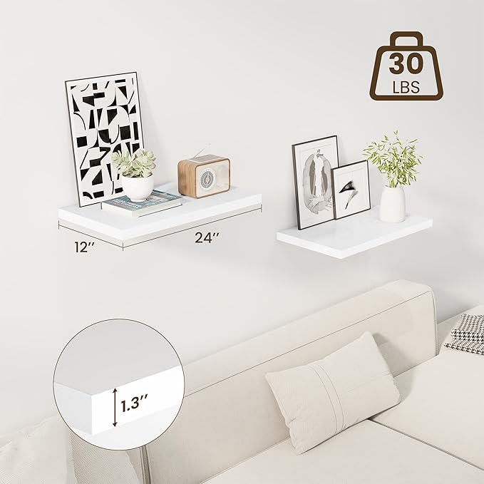 24" Floating Shelves for Wall, 12" Deep Slim White Floating Shelves, Wall-Mounted Shelves for Bedroom, Living Room, Kitchen, Bathroom - Set of 2