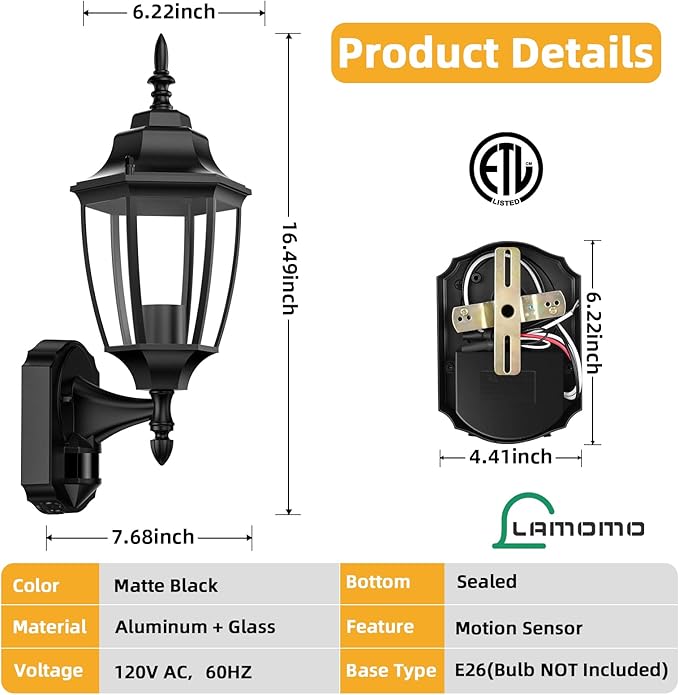 Lamomo Outdoor Wall Sconce, 2 Pack Dusk to Dawn Motion Sensor Light Fixtures, Exterior Aluminum Waterproof Porch Lights for Patio Front Door Garage