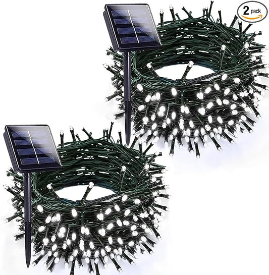 Cool White Solar Christmas Lights Outdoor Decorations Waterproof, Tatal 2 Pack 200LED 66FT Solar String Lights Green Wire with 8 Modes, Christmas Fairy Light for Xmas Tree Party Wedding Garden Decor
