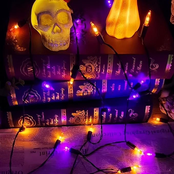 Halloween Lights, 2 Pack 100 LED Orange & Purple Battery Operated Mini String Light, 32 Ft Total Waterproof Halloween Lights 8 Modes for Indoor Outdoor Patio Garden Holiday Party Decorations