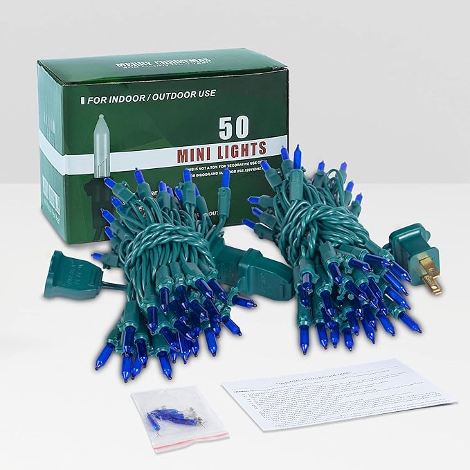 Hopolon Blue Christmas Lights, 13Feet 50Count UL Certified String Light, Pack of 2 Sets Incandescent Mini Lights for Indoor Outdoor Christmas Tree Garland Halloween Party Festival Decor,Blue