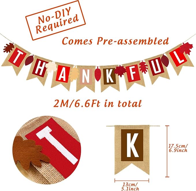 Thankful Burlap Banner Fall Autumn Maple Leaves Rustic Burlap Harvest Banner Mantel Fireplace Wall Hanging for Home Office School Party Decor Thanksgiving Decoration