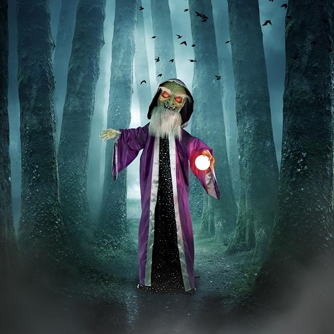 Haunted Hill Farm Talking Wizard Halloween Animatronic with Movement and Light-Up Crystal Ball for Scary Indoor or Covered Outdoor Halloween Decorations, Battery Operated Halloween Prop