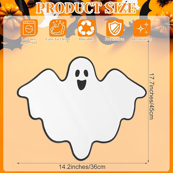 Remerry 6 Pcs Halloween Leather Table Placemats Washable Ghost Dinner Mats Easy to Clean Halloween Spooky Leather Placemats Ghost Table Mats for Holiday Kitchen Dining Party Decoration