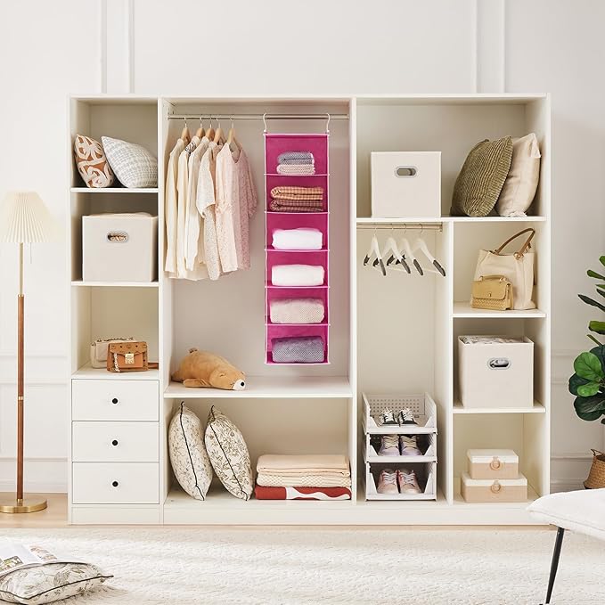 MAX Houser 6-Shelf Hanging Closet Organizer, Hanging Storage Shelves with 2 Sturdy Hooks Space-Saving for Bedroom, Foldable (Pink)