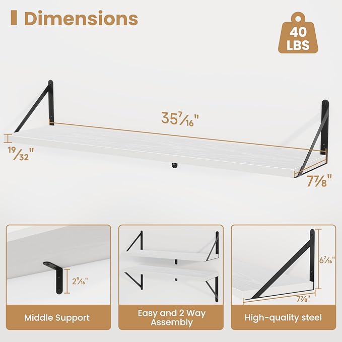 Heimlove 36 Inch White Floating Bookshelves Set of 3,Heavy Duty Wall Mounted Bookshelves,Wall Bookshelf for Living Room,Bedroom,Kitchen,Laundry Room Storage & Decor