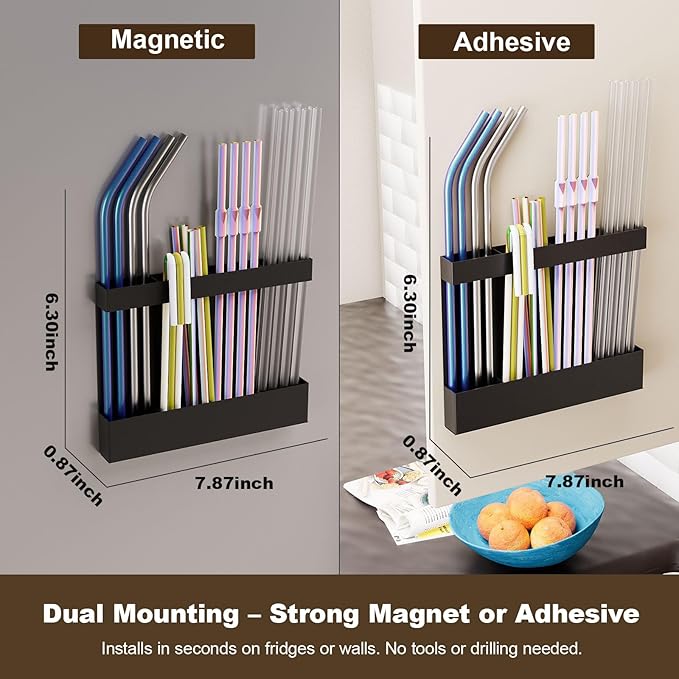 Magnetic & Adhesive Straw Organizer – Carbon Steel Utensil Holder for Reusable Straws, Chopsticks & Stirrers – Wall or Fridge Mount, Space-Saving Black Storage Rack