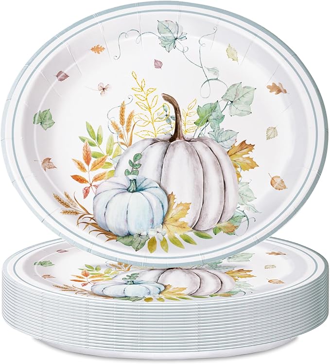25 Pcs Fall Paper Plates Large 9" X 11" Thanksgiving Pumpkins Maple Leaf Disposable Autumn Dinnerware for Harvest Thanksgiving Party Decorations