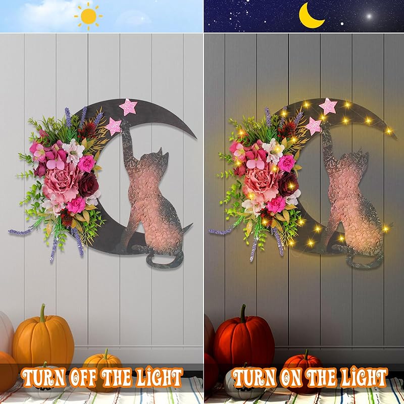 Halloween Wreaths for Front Door with Light, Black Cat Crescent Moon Wreath, Cute Cat Garland Halloween Door Decorations for Outdoor Indoor Decor Wall Window Home Party
