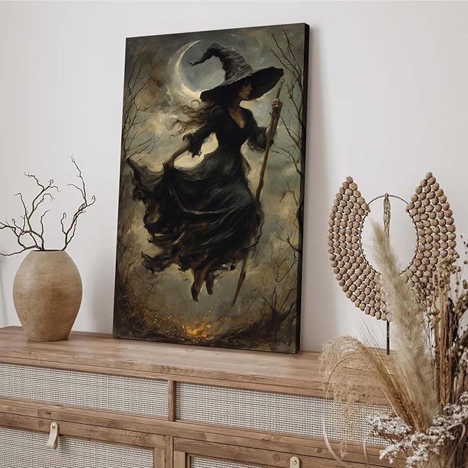 Witch in the Forest Halloween Print Wall Art Poster Witch Decor Vintage Print Dark College Wall Art Victorian Gothic Room Decor Canvas Wall Print16x24in Wood Framed
