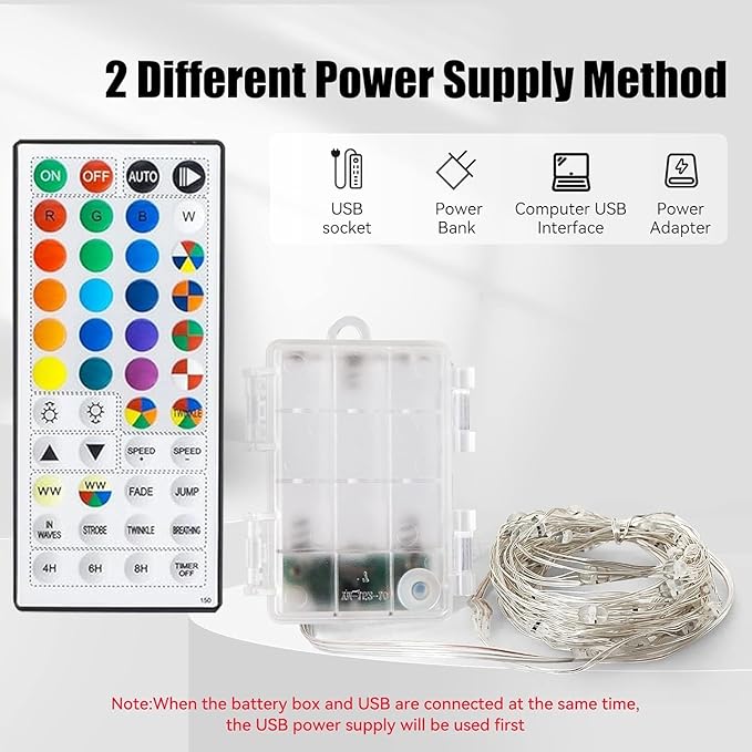 Dazzle Bright Color Changing Fairy Lights Battery Operated, 2 Pack Total 40FT 120LED Silver Copper Wire RGB String Lights with Remote, Waterproof Christmas Decorations for Indoor Outdoor Party Decor