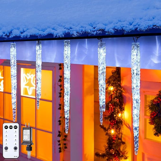Icicle Lights Outdoor with Remote, 2 Pack Total 40ft 40 Tubes 200 LED Ice Shape String Lights, Connectable Hanging Christmas Decoration Lights for Tree Patio Roof Holiday Decor, Cool White