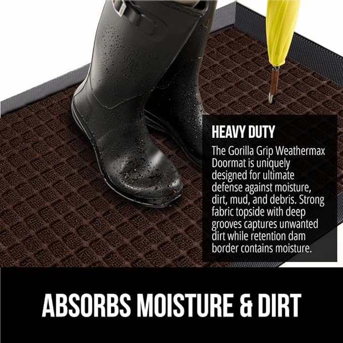 GORILLA GRIP 100% Waterproof All-Season WeatherMax Doormat, 72x24, US Designed Natural Rubber, Stain and Fade Resistant, Low Profile Indoor Outdoor Door Mats, Easy Clean Patio Mat, Coffee Squares