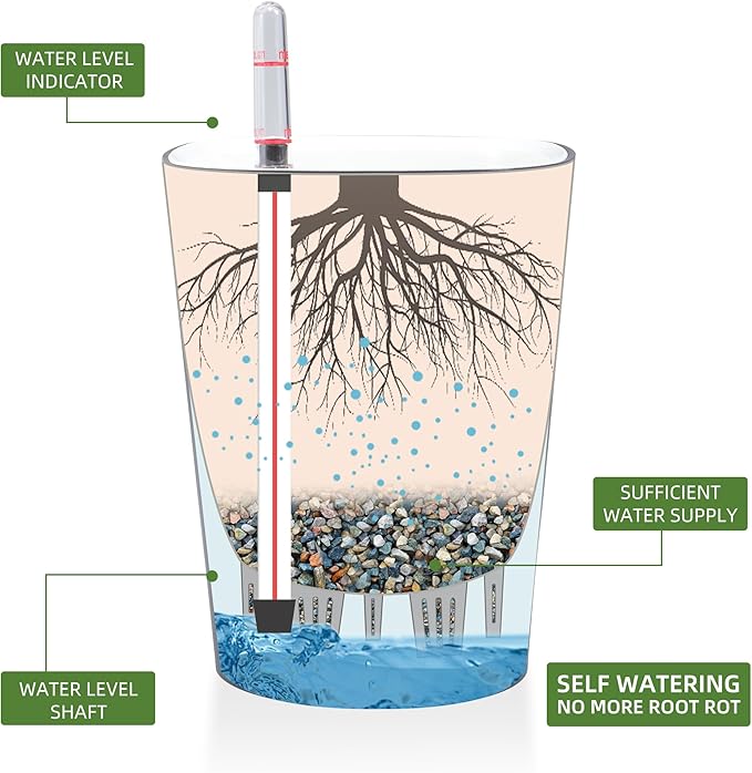Dexceder 6x7 Self Watering Planter Indoor Outdoor, Matte Table Flower Plant Pot with Water Level Indicator (Slate Gray)