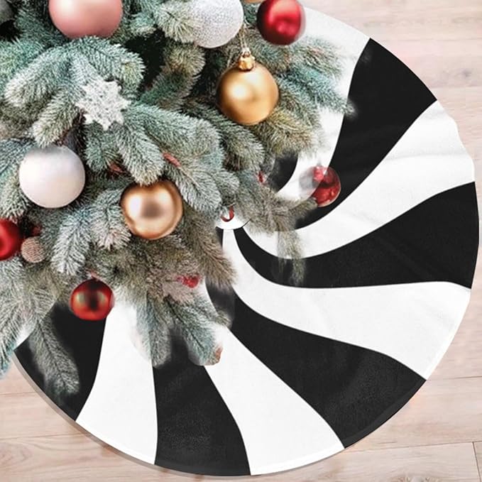 48" Black and White Peppermint Candy Christmas Tree Skirt, Tree Mat Base Cover for Xmas Festive Holiday Party Decoration Ornaments
