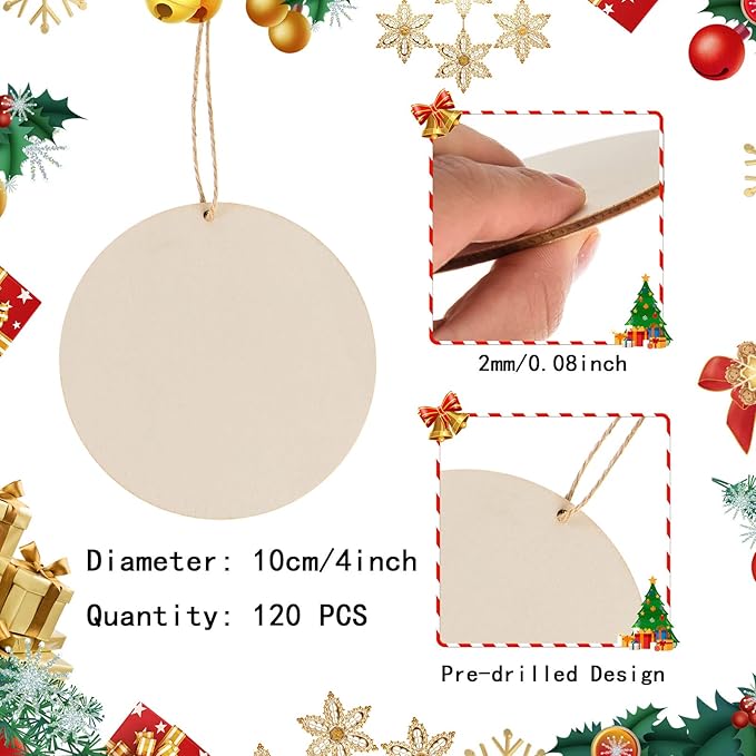 120 Pcs 4 Inch Unfinished Rounds Wood Circles with Holes Wooden Tags Round Wood Discs Cutouts for Crafts Natural Blank Wooden Circle Ornaments Hanging Tags for DIY Crafts, Party, Christmas, Home Decor