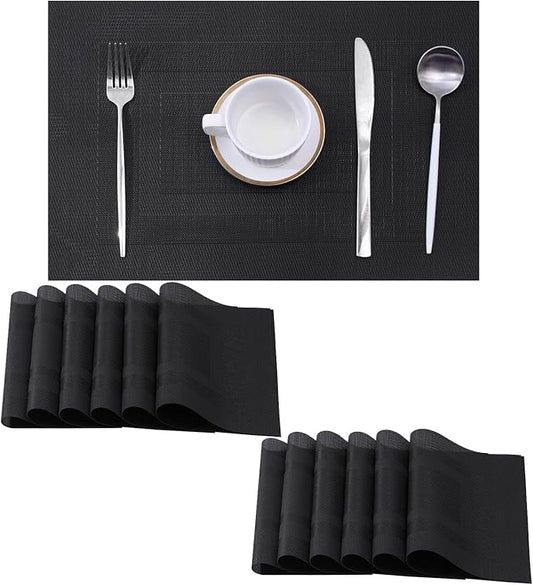 Leetaltree Black Frame Placemats Set of 12 - Heat Resistant Non-Slip Place mats for Dining Table, Washable Durable PVC Vinyl Woven Table Mats（Black Frame, 12）