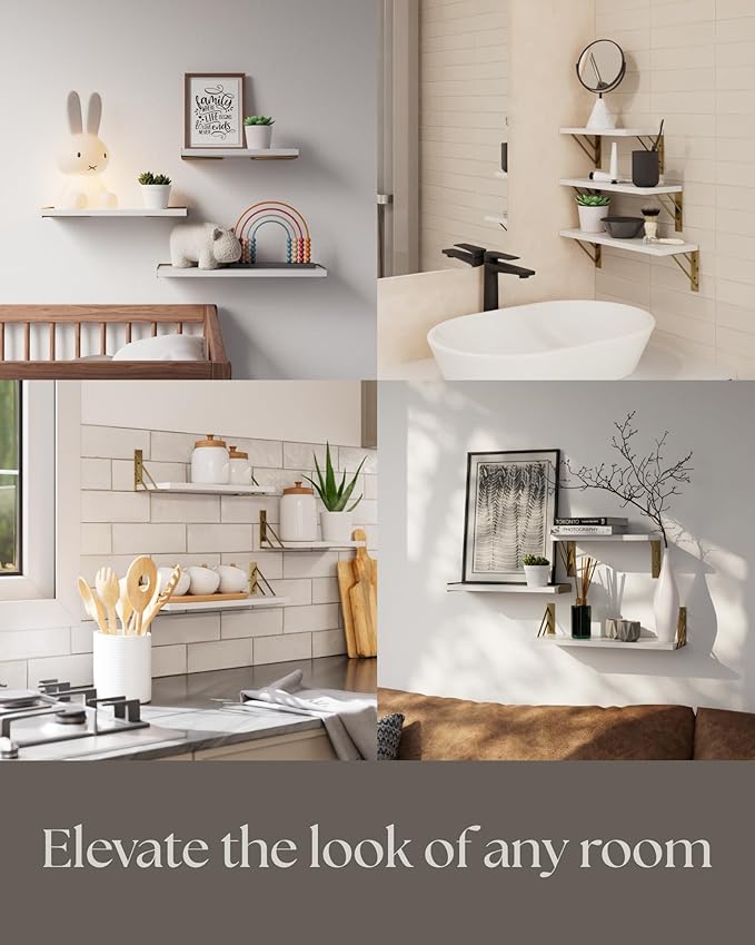 BAYKA Wall Shelves for Bedroom Decor, Floating Wall Shelves for Living Room Kitchen Storage, Wall Mounted Rustic Wood Shelves for Kids Books,Corner Shelves for Bathroom(White and Gold，Set of 3)