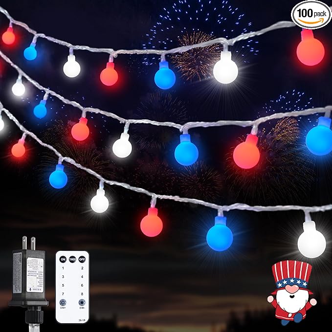 JMEXSUSS Connectable Red White and Blue Lights Indoor Outdoor, 100 LED 33ft 4th of July Decorations Light Plug in, 8 Modes Globe String Lights with Remote for Independence Day Party Patriotic Decor