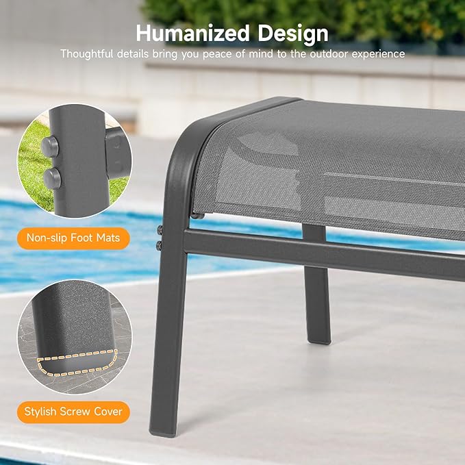 Outdoor Ottoman Set of 2, All Weather Outdoor Foot Stool with Supportive Textliene and Metal Frame, Stackable Oversized Outdoor Foot Rest for Furniture Patio Garden Pool, Grey