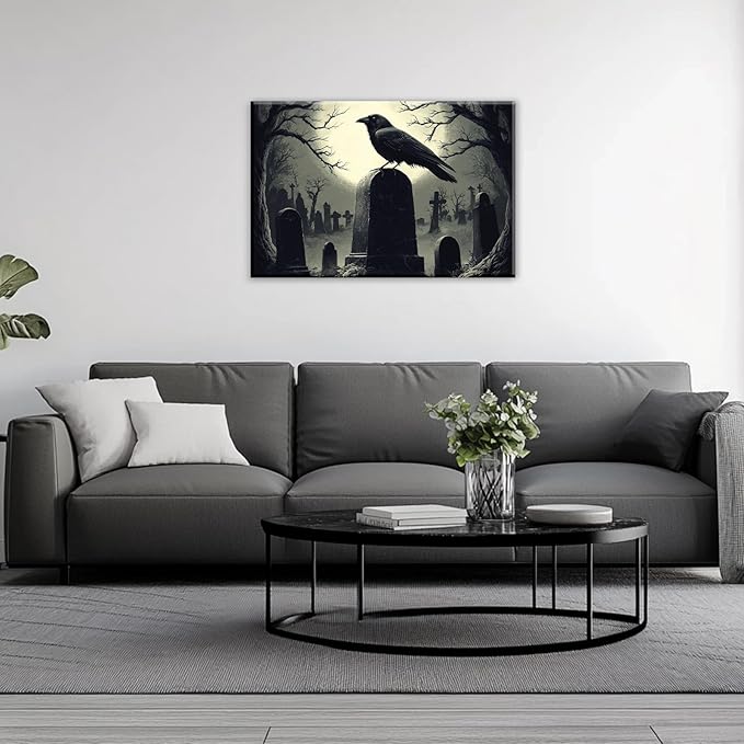 Crow Canvas Wall Art Gothic Black Bird On Branch Painting Print Spooky Forest Full Moon Scenery Poster Artwork Framed Halloween Home Decor(Artwork-3,16"x24")
