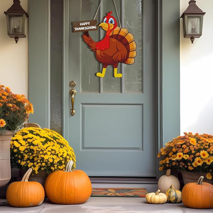 Jetec Happy Thanksgiving Turkey Door Sign Decor Wooden Turkey Sign Wall Art Hanging Rustic Plaque for Autumn Fall Thanksgiving Day Front Door Porch Home Decoration