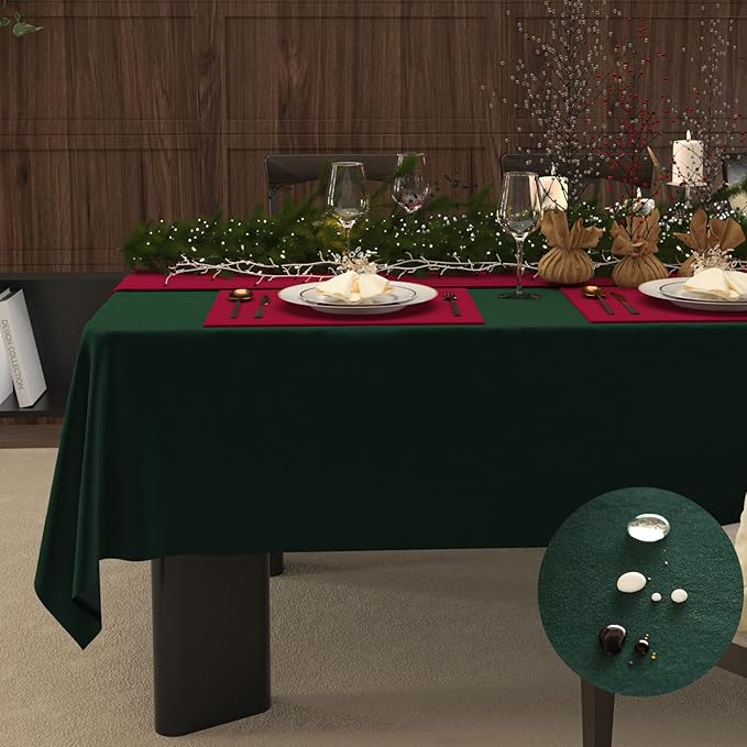 Hunter Green Christmas Tablecloth, Waterproof Spillproof Washable Rectangle Table Cloth, Cashmere Plain Weave Fabric Table Cover for Dining Table Decor, Party, Holiday - 84''x60''