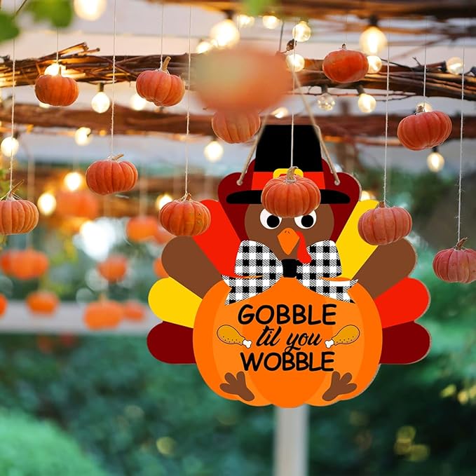 Thanksgiving Turkey Wooden Sign Wall Decor, Gobble Til You Wobble Thanksgiving Fall Welcome Wood Hanging Door Signs Decorations for Home Office Kitchen Front Door