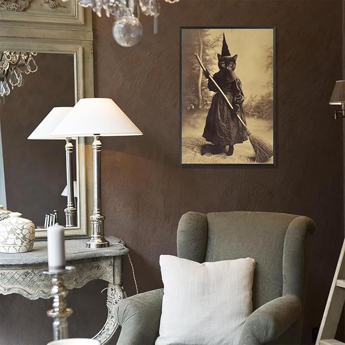 Halloween Decor Posters Black Cat Witch Canvas Wall Art Vintage Spooky Print Of Gothic Room Family Dark Academia Decorations Creepy Picture Poster Aesthetic 12X16inch Aluminum Framed