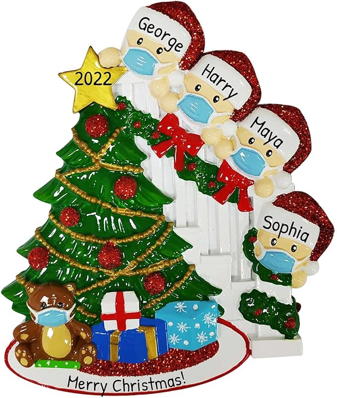 3D Masked Family of 4 Ornament 2025 Personalized Family Christmas Ornaments 2025 | Peeking Personalized Tree Ornaments for Grandchildren, Siblings & Grandkids Xmas Tree with Gifts of Four Ornament