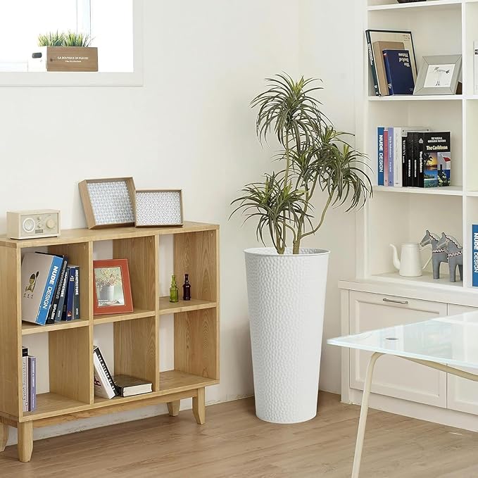 Worth Garden 2-Pack 28" H. Metal Planter with 2X Inside Pots - Hand-Hammered Texture Tall Cone Plant Pots - Large Handcrafted Flower Pot for Indoor Outdoor, Deck, Patio, Front Porch - White