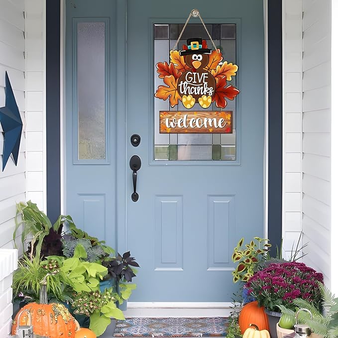 Thanksgiving Decoration Turkey Wooden Door Sign Hanging Fall Harvest Welcome Decor Turkey Sign for Front Door Hanger Fall Decor for Home Thanksgiving Party Wall Signs