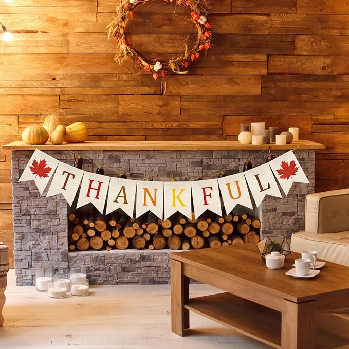 Doumeny Thankful Burlap Banner Fall Thanksgiving Banner Garland Autumn Maple Leaves Bunting Garland Thanksgiving Party Hanging Flag Harvest Bunting Flag for Home Wall Mantel Fireplace Farmhouse Decor
