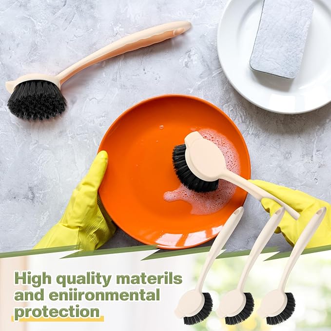 16 Pack Dish Brush with Handle Dish Scrubber Brush with Built-in Scraper Kitchen Scrub with Stiff Bristles Long Scrubber for Home Restaurant Pot Sink Washing Cleaning Supplies, Beige