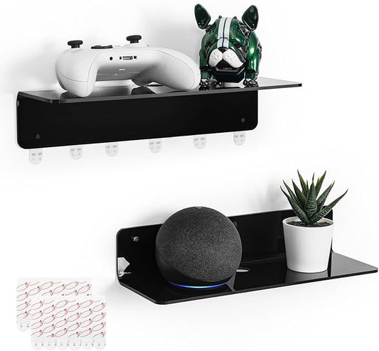 OAPRIRE Black Acrylic Floating Shelves Set of 2 - Damage Free Expand Wall Space - 12 Inch Wall Shelves with Strong Adhesive for Bathroom, Bedroom, etc