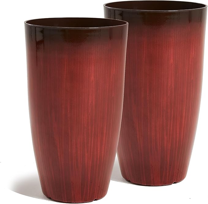 Worth Garden 23.5" H. Large Plastic Planters - Set of 2 Gradient Red Glossy Smooth Finish - Tall Plant Pots for Indoor & Outdoor Use - Decorative Lightweight Flower Pots for Front Porch, Patio, Deck