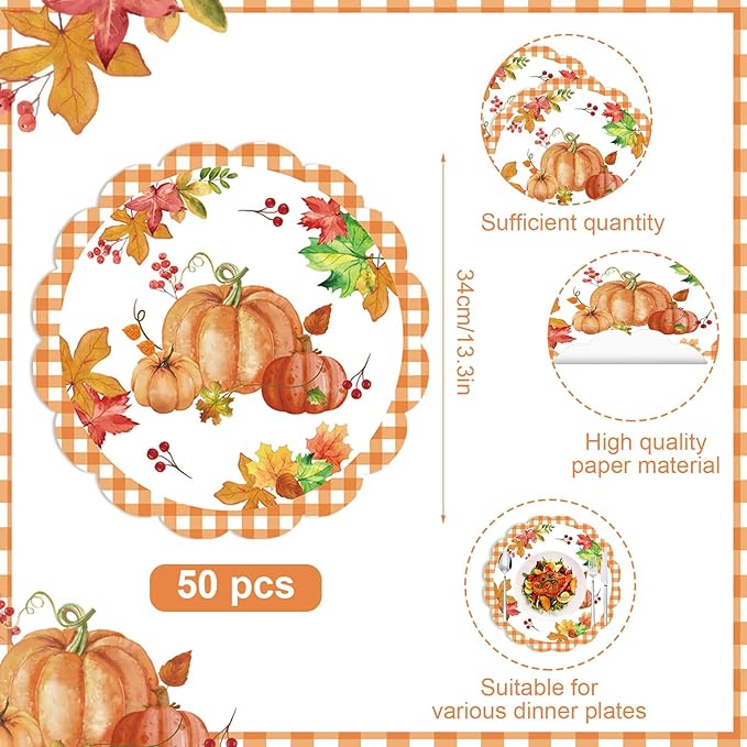 50Pcs Fall Pumpkin Round Paper Placemats,13.4 Inch Autumn Maple Leaf Round Table Mats Thanksgiving Scalloped Disposable Placemats for Harvest Birthday Thanksgiving Party Supplies
