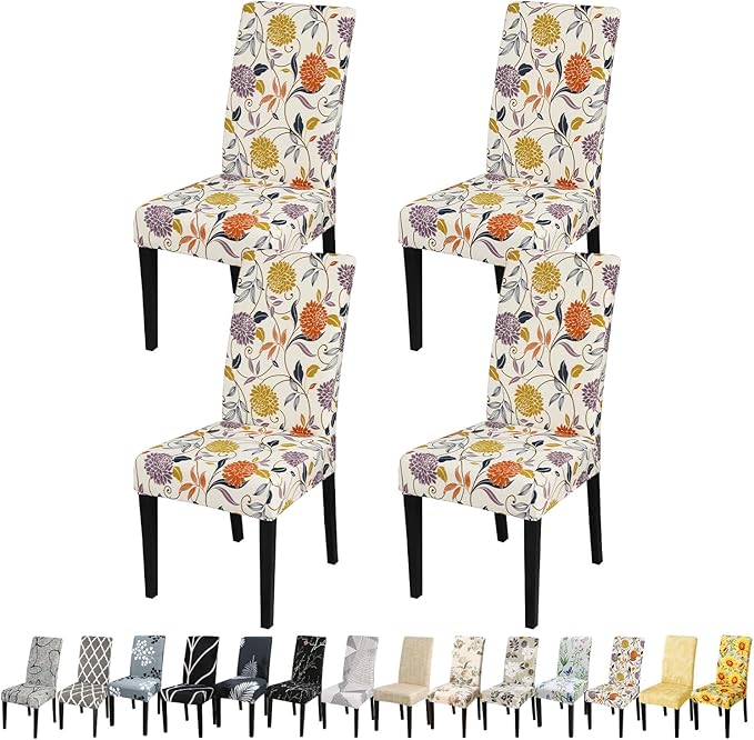 JQinHome Pattern Chair Covers for Dining Room Set of 4, High Stretch Removable Washable Parsons Chair Slipcover for Home Party Hotel Wedding Ceremony (Flower,4PCS)