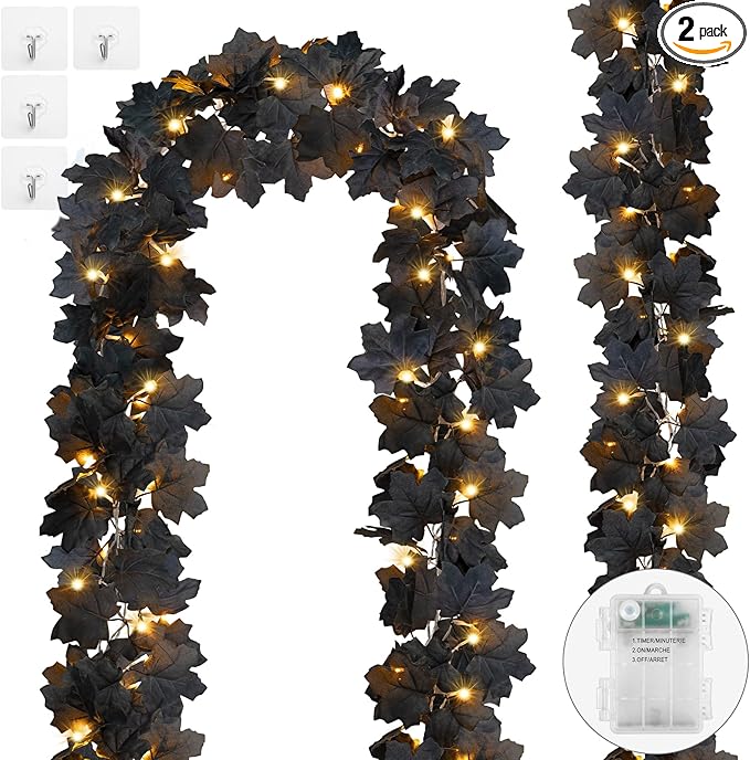 Ouddy Decor 2 Pack Lighted Black Garland Decorations, Total 20 Ft 60 Led Fall Lights Maple Leaves Battery Operated for Indoor Outdoor Thanksgiving Front Door Decor, Warm White