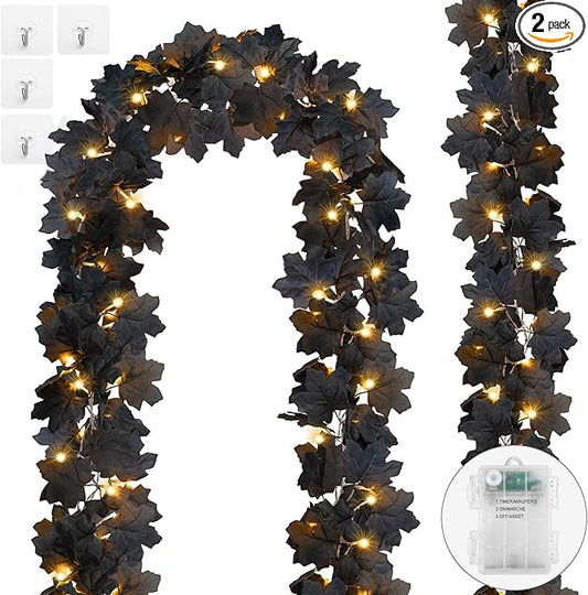 Ouddy Decor 2 Pack Lighted Black Garland Decorations, Total 20 Ft 60 Led Fall Lights Maple Leaves Battery Operated for Indoor Outdoor Thanksgiving Front Door Decor, Warm White