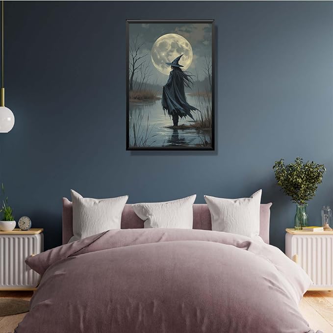 JFHCQJPK Witch in the moonlight magic canvas wall art enchanting Halloween home decor swamp witch silhouette oil painting mysterious gothic aesthetic wall decor print poster8x12in Metal blackFramed