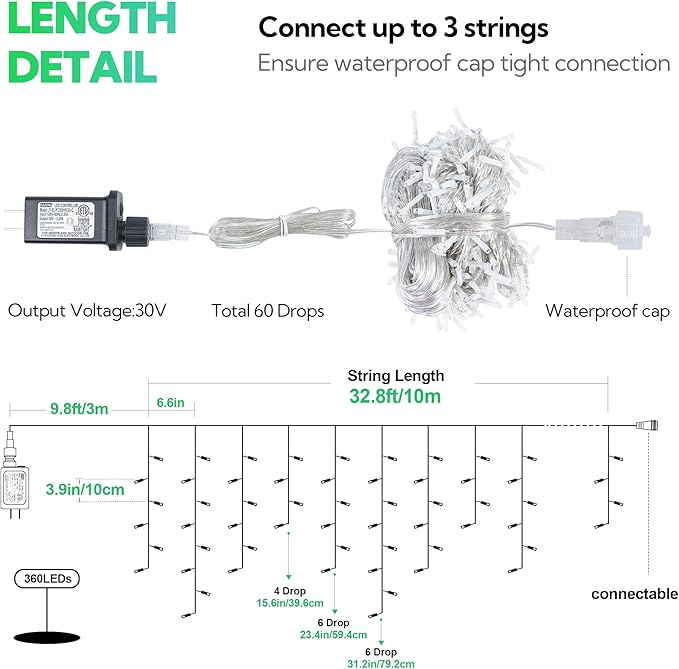 Hopolon 33FT 360L LED Christmas Icicle Lights Outdoor Waterproof,8 Modes Plug in Curtain String Lights with 60 Drops,Christmas Lights for Wedding,Party,Bedroom,Home,Garden,Wall Decorations(Green)