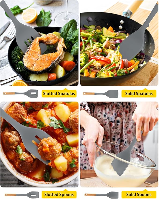 Pack of 4 Silicone Kitchen Utensils Set, Non Stick Solid Spatulas and Heat Resistant Slotted Spoons with Wooden Handle, Ideal BPA Free Cooking Utensils for Mixing,Serving,Turning,Stirring(GRAY)