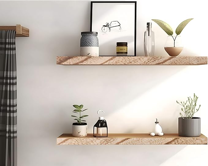 Wood Floating Shelves for Wall Decor, Rustic Wall Shelves for Bedroom Bathroom Kitchen Living Room, Set of 6 Light Walnut