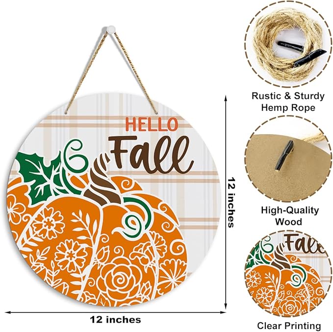 MIGUMUTU Rustic Farmhouse Fall Signs Door Wall Hanging Decor, Fall Room Home Decor, Hey Hello Fall Sign, Fall Sign Autumn Pumpkin Wall Decor Decoration for Home Office 12 X 12 Inch
