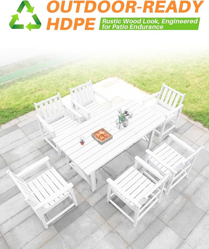 7 Pieces HDPE Outdoor Dining Set, Patio Dining Set with Umbrella Hole, All Weather Outdoor Dining Table Sets for 6, HDPE Patio Furniture Sets for Deck, Backyard, Lawn, and Poolside, Pearl