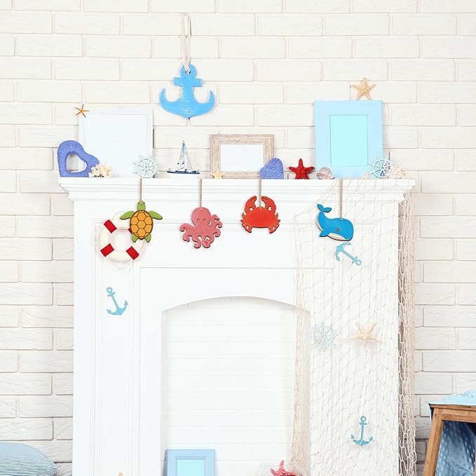 80PCS Wooden Sea Ornaments to Paint, 10 Styles DIY Blank Unfinished Wood Ocean Whale Seahorse Octopus Starfish Dolphin Turtle Shark Crab Cutouts Ornament for Crafts Hanging Decorations Summer